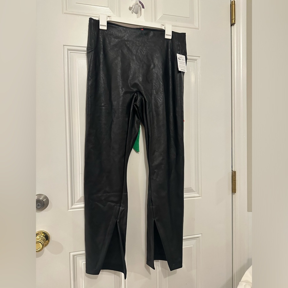SPANX Black Faux Leather Split Flair Pants